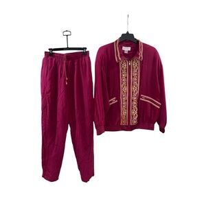 Vtg‎ 80s Rhoda Lynne 100% Silk L Jogging Tracksuit Set Fuchsia Pink Embroidered